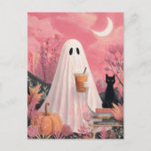 Schattigee roze geest en zwarte kat briefkaart (Voorkant)