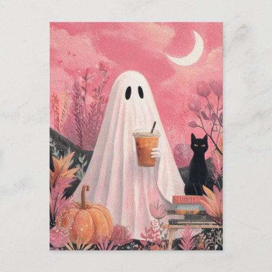 Schattigee roze geest en zwarte kat briefkaart (Voorkant)