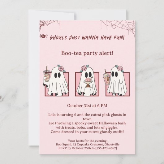 Schattigee Roze Geesten Halloween Uitnodiging Kawa (Voorkant)