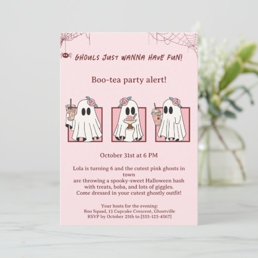 Schattigee Roze Geesten Halloween Uitnodiging Kawa (Staand voorkant)