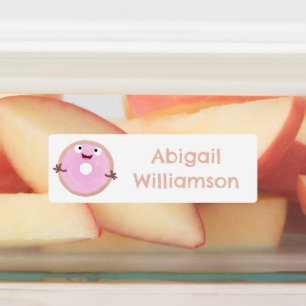 Schattigee roze geglazuurde donut cartoon geperson labels
