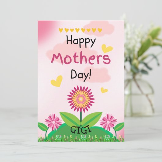 Schattigee Roze Gele Bloem Kinder Moederdag GIGI F Kaart (Staand voorkant)