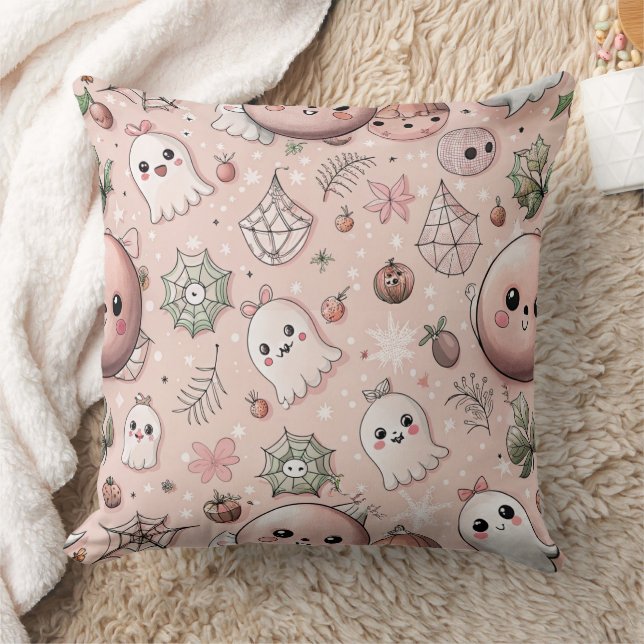 Schattigee Roze Ghost & Pastel Halloween Naadloos Kussen (Deken)