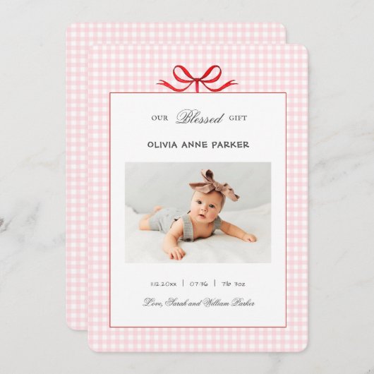 Schattigee Roze Gingham Baby Meisje Vakantie Geboo Aankondiging (Voorkant / Achterkant)