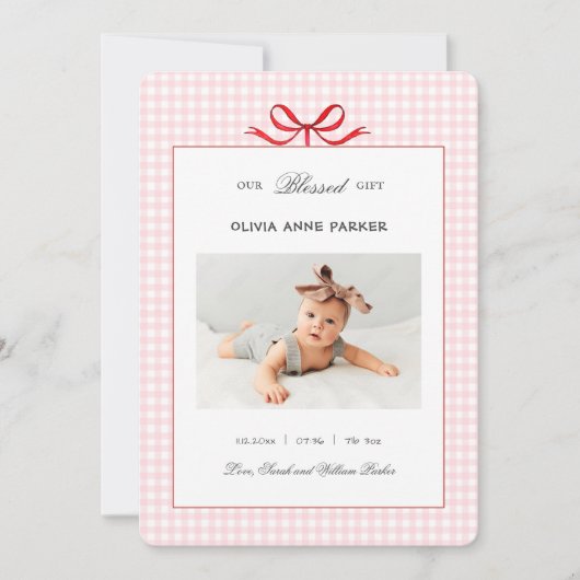Schattigee Roze Gingham Baby Meisje Vakantie Geboo Aankondiging (Voorkant)