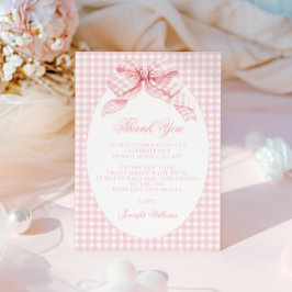 Schattigee Roze Gingham Bow Preppy Baby Meisje Dou Bedankkaart