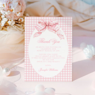 Schattigee Roze Gingham Bow Preppy Baby Meisje Dou Bedankkaart