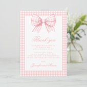 Schattigee Roze Gingham Bow Ribbon Baby Meisje Dou Bedankkaart (Staand voorkant)