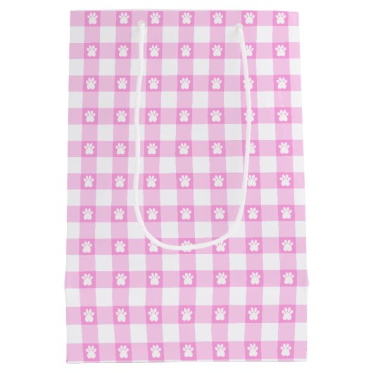 Schattigee Roze Gingham Paw Prints Gift Bag Medium Cadeauzakje (Achterkant)