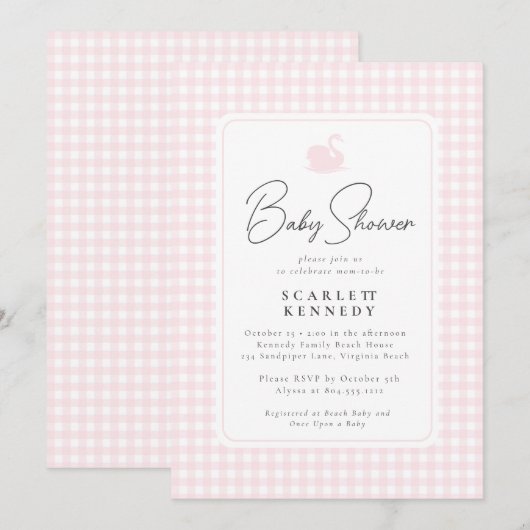 Schattigee Roze Gingham Zwaan Eenvoudig Baby showe Kaart (Voorkant / Achterkant)