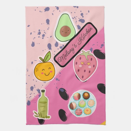Schattigee roze girly Fruit en Dessert illustratie Theedoek (Verticaal)