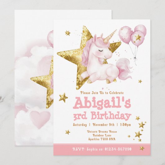 Schattigee Roze Gouden Eenhoorn Meisjes Verjaardag Kaart (Voorkant / Achterkant)