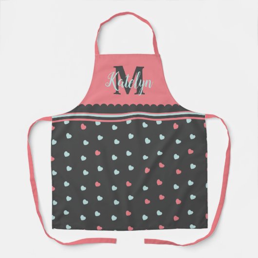 Schattigee Roze & Grijs Hartpatroon Monogrammed Ke Schort (Voorkant)