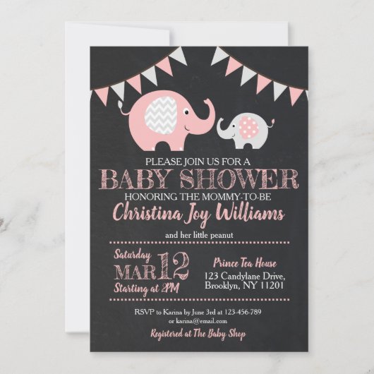 Schattigee Roze Grijs Olifant Baby shower Uitnodig Kaart (Voorkant)