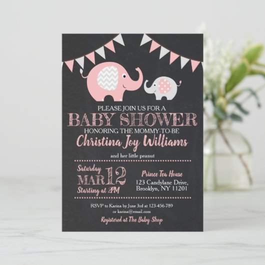 Schattigee Roze Grijs Olifant Baby shower Uitnodig Kaart (Staand voorkant)