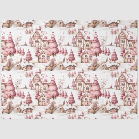 Schattigee roze grillige besneeuwde kerstdecoupage tissuepapier (Voorkant)