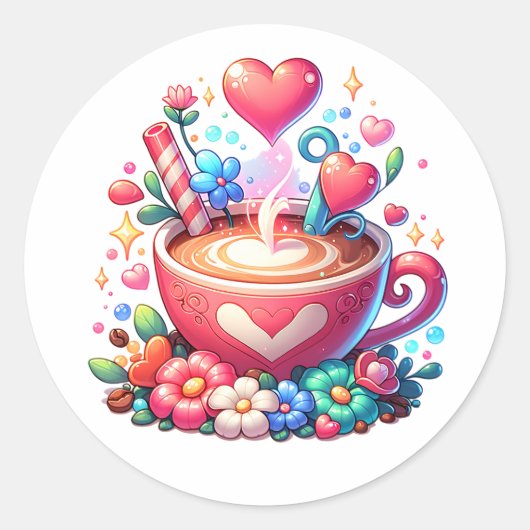 Schattigee roze grillige koffie & harten ronde sticker (Voorkant)