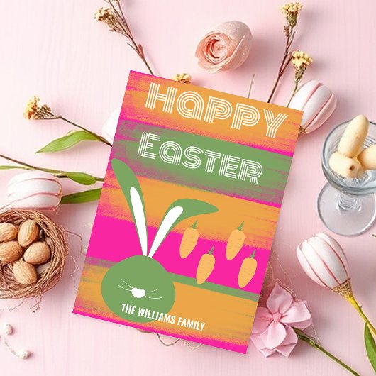 Schattigee roze groene Happy Easter Bunny en worte Feestdagenkaart