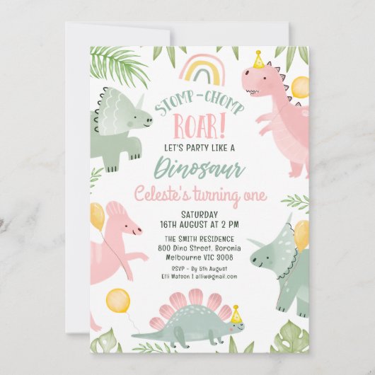 Schattigee Roze Groene Meisjes Dinosaurus 1e Verja Kaart (Voorkant)