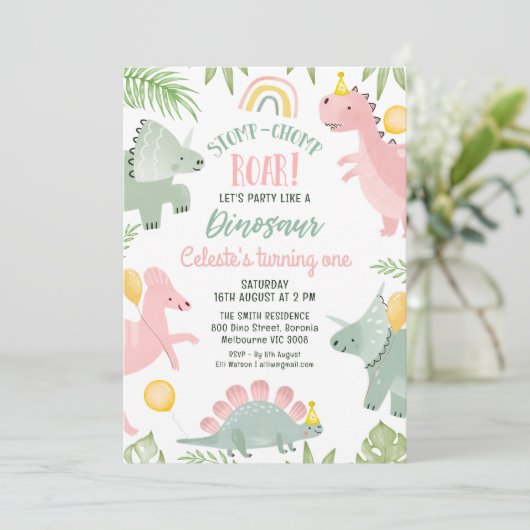 Schattigee Roze Groene Meisjes Dinosaurus 1e Verja Kaart (Staand voorkant)