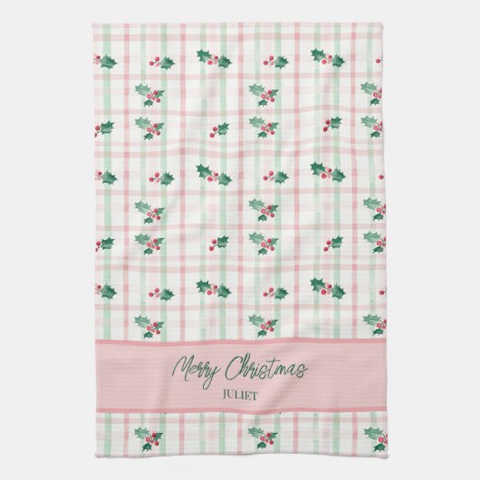 Schattigee roze groene retro kerst theedoek (Verticaal)