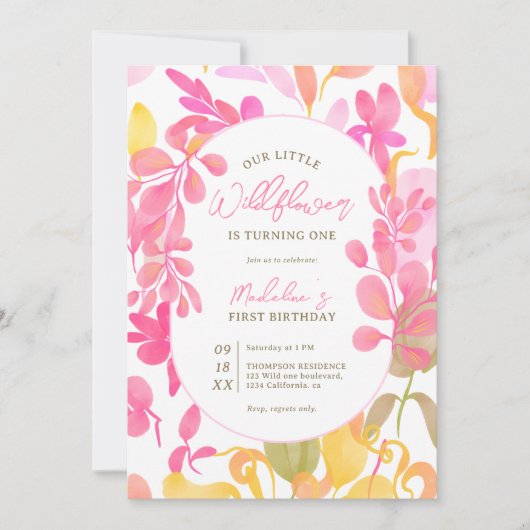 Schattigee roze groene waterverf wilde bloem 1e ve kaart (Voorkant)