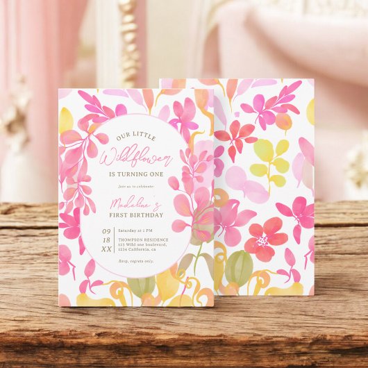 Schattigee roze groene waterverf wilde bloem 1e ve kaart