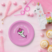 Schattigee Roze Haai Baby Meisje 1e Verjaardag Papieren Bordje (Feest)