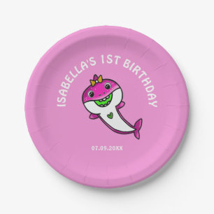 Schattigee Roze Haai Baby Meisje 1e Verjaardag Papieren Bordje