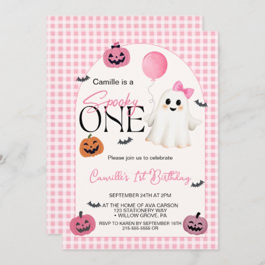 Schattigee Roze Halloween Ghost 1e Verjaardag Kaart (Voorkant / Achterkant)