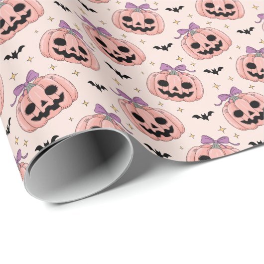 Schattigee Roze Halloween Jack-o'-Lanterns & Vleer Cadeaupapier (Rol Hoek)