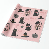 Schattigee Roze Halloween Katten & Heks Petten Cadeaupapier (Uitgerold)