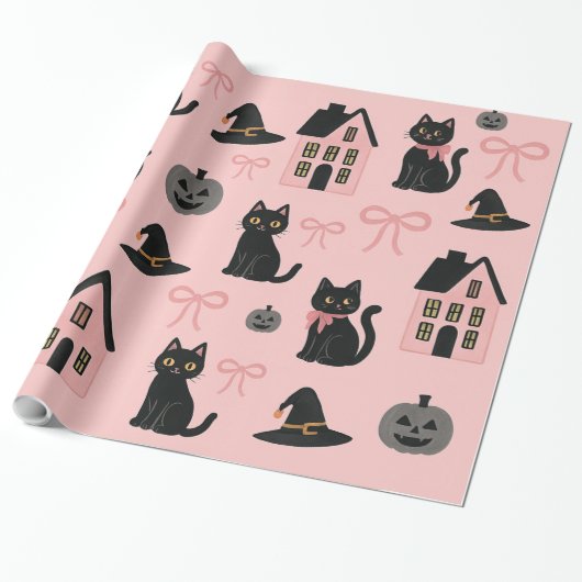 Schattigee Roze Halloween Katten & Heks Petten Cadeaupapier (Uitgerold)