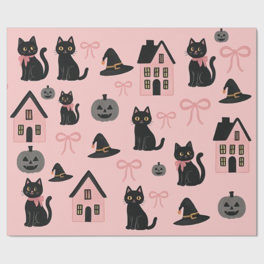 Schattigee Roze Halloween Katten & Heks Petten Cadeaupapier (Vlak)
