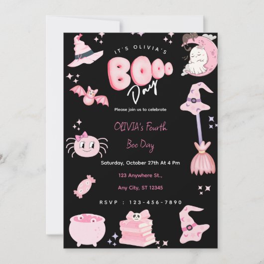 Schattigee Roze Halloween Verjaardag Boo Day Party Kaart (Voorkant)