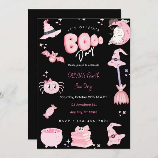 Schattigee Roze Halloween Verjaardag Boo Day Party Kaart (Voorkant / Achterkant)