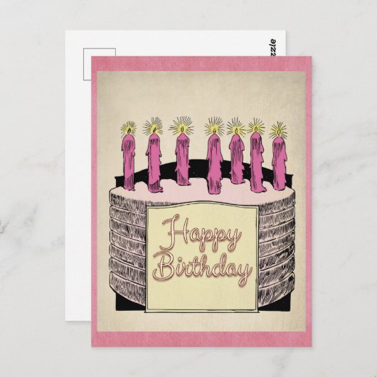 Schattigee Roze  Happy Birthday Cake Kaarsen Briefkaart (Voorkant / Achterkant)