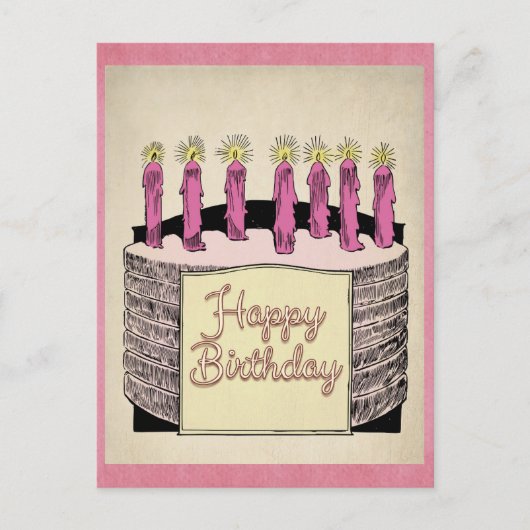 Schattigee Roze  Happy Birthday Cake Kaarsen Briefkaart (Voorkant)