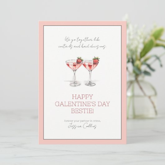 Schattigee roze Happy Galentine's Day Bestie Cockt Feestdagenkaart (Staand voorkant)