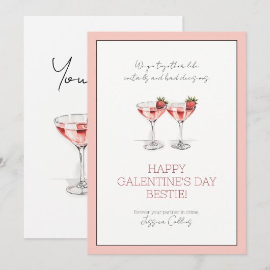 Schattigee roze Happy Galentine's Day Bestie Cockt Feestdagenkaart (Voorkant / Achterkant)