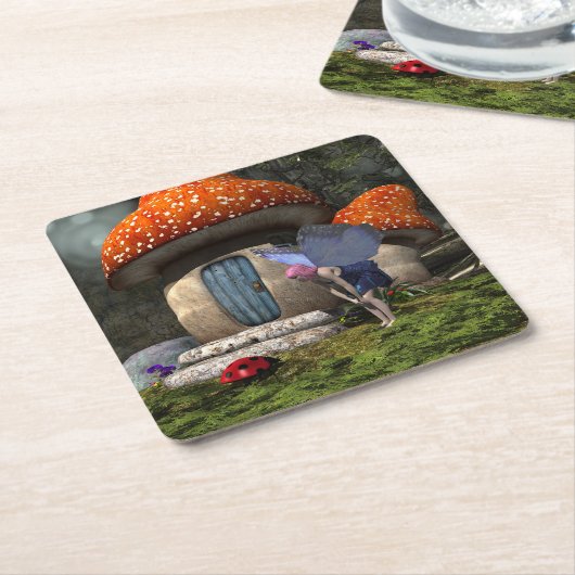 Schattigee roze-harige fee ontmoet lieveheersbeest kartonnen onderzetters (Schuin)