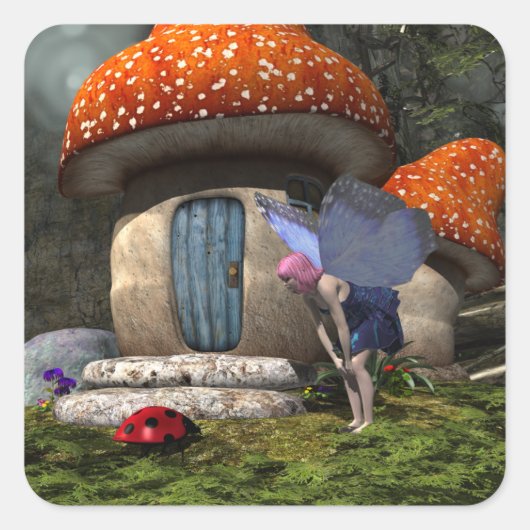 Schattigee roze-harige fee ontmoet lieveheersbeest vierkante sticker (Voorkant)