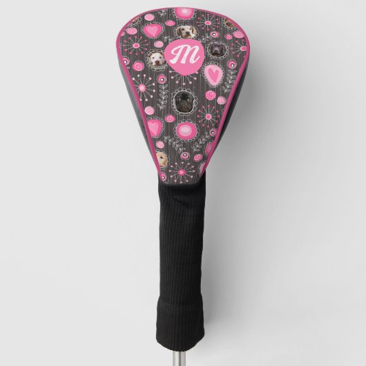 Schattigee Roze Hart Bloem Monogram Hond Fotocolla Golfheadcover (Voorkant)