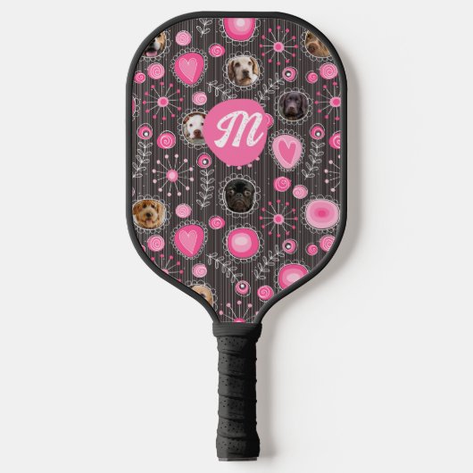 Schattigee Roze Hart Bloem Monogram Hond Fotocolla Pickleball Paddle (Voorkant)