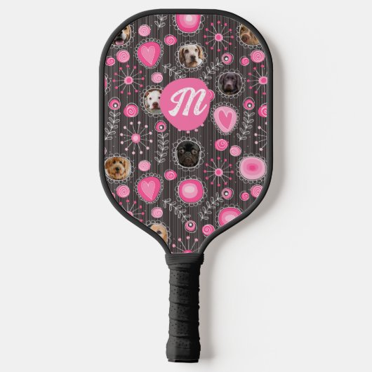 Schattigee Roze Hart Bloem Monogram Hond Fotocolla Pickleball Paddle (Achterkant)