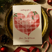 Schattigee Roze Hart Gingham Custom Foto Kerstmis Feestdagenkaart