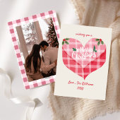 Schattigee Roze Hart Gingham Custom Foto Kerstmis Feestdagenkaart