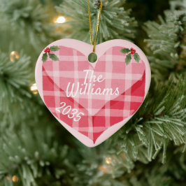 Schattigee Roze Hart Gingham Custom Foto Kerstmis Keramisch Ornament