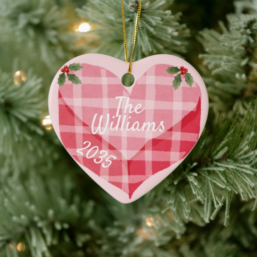 Schattigee Roze Hart Gingham Custom Foto Kerstmis Keramisch Ornament (Boom)