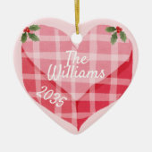Schattigee Roze Hart Gingham Custom Foto Kerstmis Keramisch Ornament (Voorkant)
